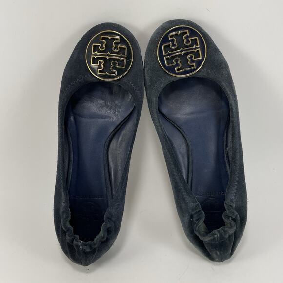 Tory Burch Reva Ballet Flats Shoes Navy Suede Womens Size 7 Slip On Gold Logo - Picture 5 of 9